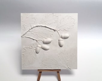 Tile Oak Acorns cast. Botanical Decorative unique plaster wall art frame wood concrete impression Pressed Flowers eco friendly
