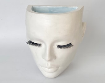 Head Planter female "Eyelashes" pot face vase wall hang table . Decorative unique plaster wall art concrete impression eco friendly