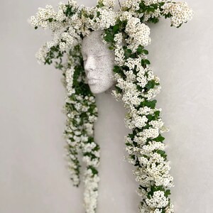 Pu&ograve; includere: Una scultura in gesso bianco di un viso con fiori bianchi a cascata dalla cima della testa.