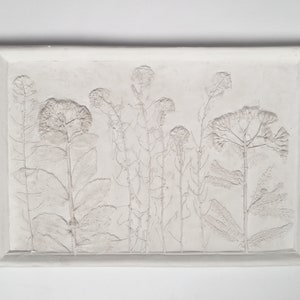 Op de afbeelding: Een rechthoekig, gebroken wit reliëfsculptuur met botanische afdrukken. Het kunstwerk toont gedetailleerde afdrukken van verschillende planten, waaronder stengels, bladeren en bloemhoofden, waardoor een gestructureerd, naturalistisch ontwerp ontstaat. Het is omlijst met een eenvoudige, verhoogde rand.