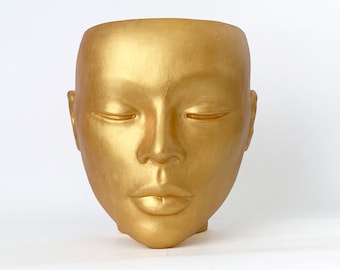 Head Planter "Gold Metallic" female  pot face vase wall hang table Decorative unique plaster wall art concrete impression eco friendly