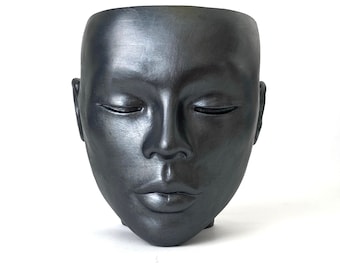 Head Planter "Graphite Metallic" female vase pot face wall hang table Decorative unique plaster wall art concrete impression eco friendly