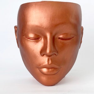 Head Planter &quot;Cooper Metallic&quot; female vase pot face wall hang table Decorative unique plaster wall art concrete impression eco friendly