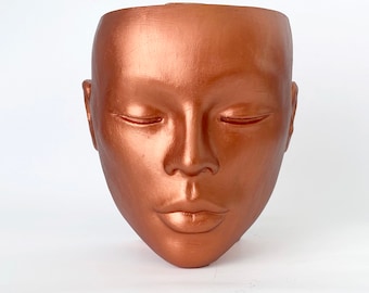 Head Planter "Cooper Metallic" female vase pot face wall hang table Decorative unique plaster wall art concrete impression eco friendly