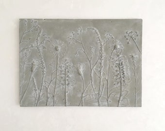 Tile Wild flowers mix cast concrete. Botanical Decorative unique plaster wall art frame wood  impression Pressed Flowers eco friendly