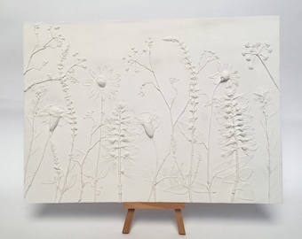 Tile Wild flowers mix cast. Botanical Decorative unique plaster wall art frame wood concrete impression Pressed Flowers eco friendly