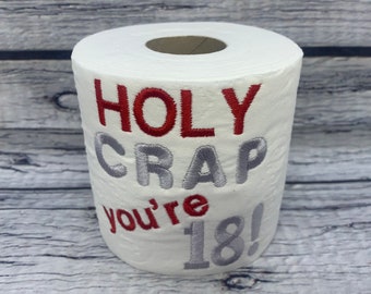 18th Birthday Novelty Embroidered Toilet Roll, Funny gift, joke, keepsake, Birthday, Happy 18th, milestone, sweet 18th present SILVER/RED