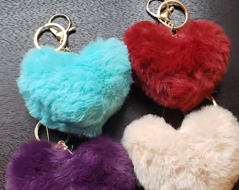 Heart Fur Ball Pom Pom Key Chain, Soft Faux Fur Heart Charm Keychain, Bag Pom Pom Key Chain, Handbag Charms