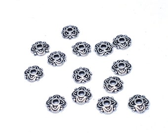 10 unids. 4-Petal tibetano estilo aleación flor gorros de perlas, plata antigua, hallazgos