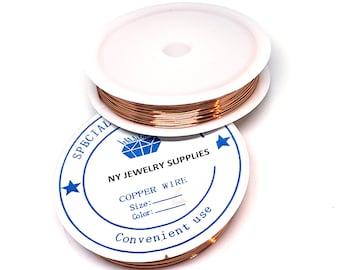 May include: A spool of copper wire for jewelry making. The spool is white with blue text that reads "NY Jewelry Supplies, Copper Wire, Size: ____, Color: ____, Convenient use".
