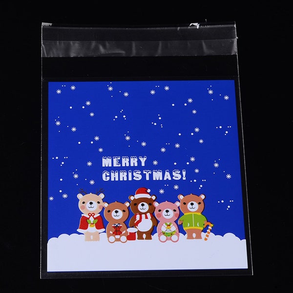 Bear Printed Plastic Bags with Adhesive, Rectangle OPP Cellophane Bags for Christmas, with Adhesive