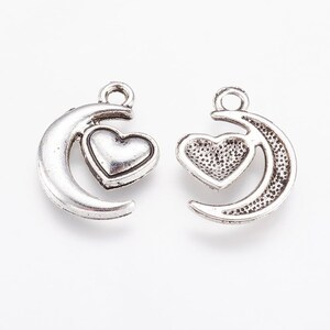 10Pcs. Moon and Heart Charm, Antique Silver, Jewelry Making, Findings
