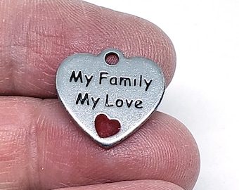 2Pcs. Stainless Steel Enamel Pendants, Heart with Word My Family My Love Charms