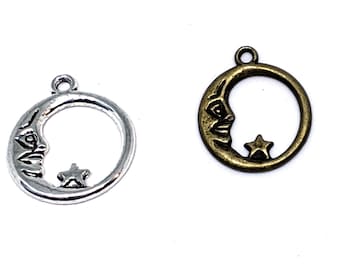 10Pcs. Moon & Star Antique Silver Charms, Antique Silver, Celestial Charms