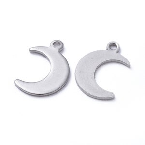 10Pcs. Moon Charm, Stainless Steel Charms, Moon, Silver- Celestial Charms, Crescent Moon Charms