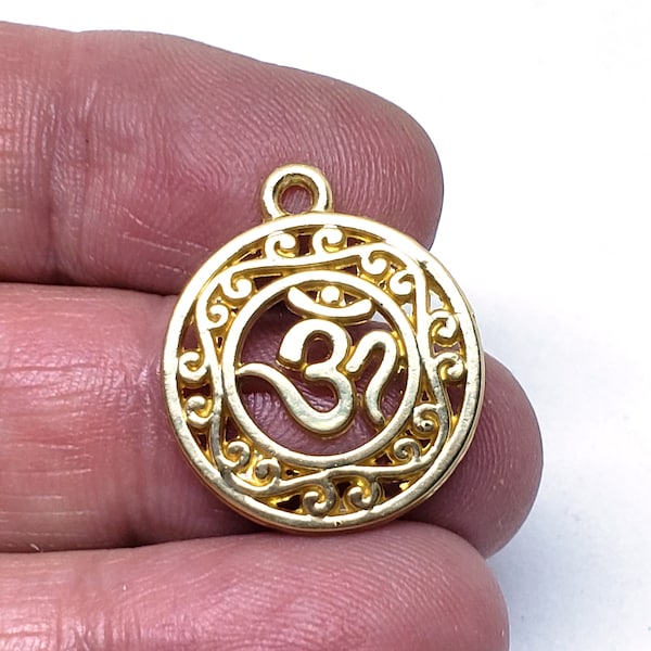5Pcs. Flat Round with Ohm Pendants, Flat Round Gold Ohm Charm, Real 14K Gold Plated