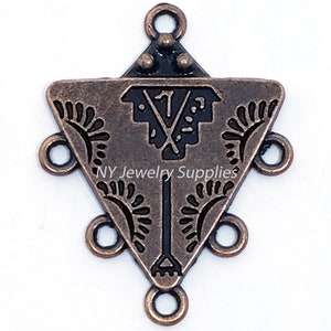 May include: Antique bronze triangle pendant with four jump rings and a black design featuring a key and the number one.  NY Jewelry Supplies is printed on the pendant.