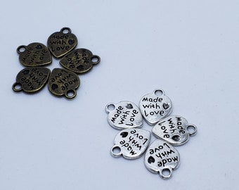 10Pcs Heart Charms Made with Love Antique Silver and Bronze Tone Double Sided Finding