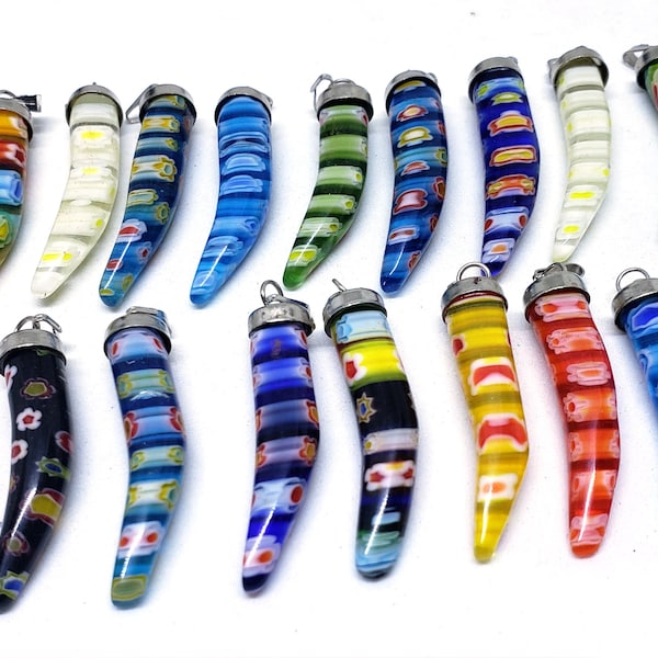 5Pcs. Millefiori Glass Horn Pendants, Mixed Color, Horn Pendant, Flower Millefiori Pepper Glass Pendant