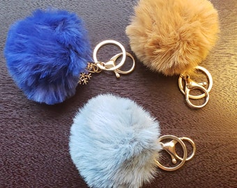 Fur Ball Pom Pom Key Chain with Snowflake, Soft Faux Fur Heart Charm Keychain, Bag Pom Pom Key Chain, Handbag Charms