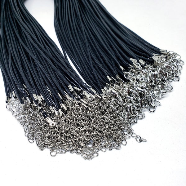 15/50Pcs 2MM Black Waxed Cord Necklace with Lobster Clasp and Extension Chain, Finished Necklaces, Findings, Choker, DIY Jewelry