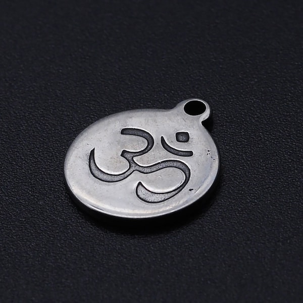 5 Pcs Ohm Charms, Stainless Steel Charms, Flat Round with Ohm, Antique Silver, Bracelet Charms, Jewelry Making, Crafts