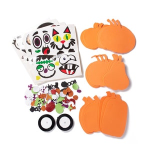 May include: A craft kit for making Halloween decorations. The kit includes orange foam pumpkins, stickers with different faces, and colorful glitter pieces.