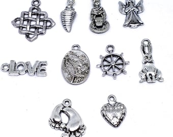 10Pcs. Tibetan Style Alloy Pendants, Mixed Shapes, Antique Silver Charms, Findings