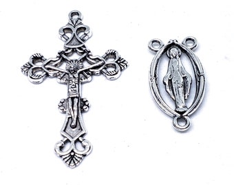 4 Sets Rosary Cross and Center Sets for Rosary Bead Necklace, Crucifix Cross Pendants and Oval Picture Links, Religious