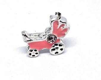 Baby Carriage Alloy Enamel Pendants with Rhinestone, Silver Plated, Pink