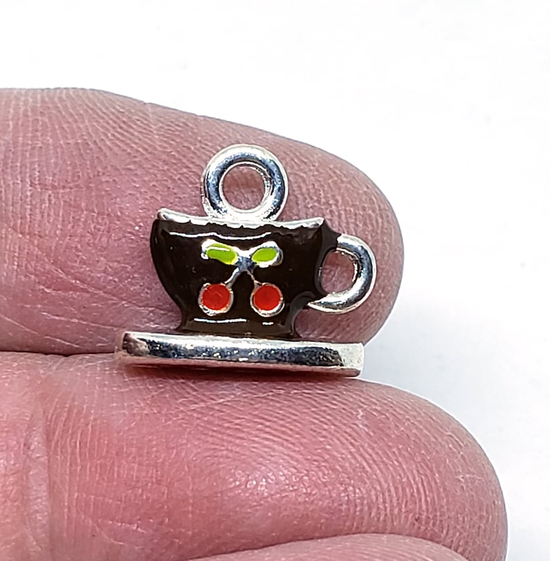 Cup with Saucer Charm Pendant Silver Metal Color Alloy Enamel Charm