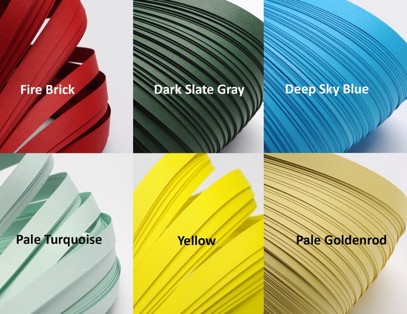 May include: Assortment of 10 colors of quilling paper strips. The colors are Fire Brick, Dark Slate Gray, Deep Sky Blue, Pale Turquoise, Yellow, and Pale Goldenrod.