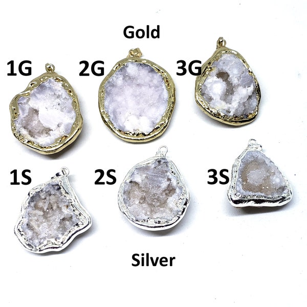 Natural Geode Druzy Quartz Pendants, with Brass Findings, Nuggets, Gold or Silver