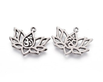 10Pcs. Lotus with Aum/Om Symbol Pendants, Antique Silver Color Plated, Om Symbol Pendants Lotus Flower Pendant, Yoga Pendant