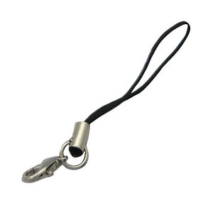 May include: A black phone strap with a silver metal clip and a silver metal loop.