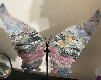 X-Large Natural Colorful Pair of Ocean Jasper Crystal Butterfly Wings With Stand
