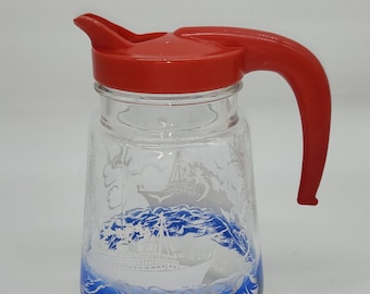 Pichet carafe vintage en verre décor bateau vagues mer bec verseur plastique