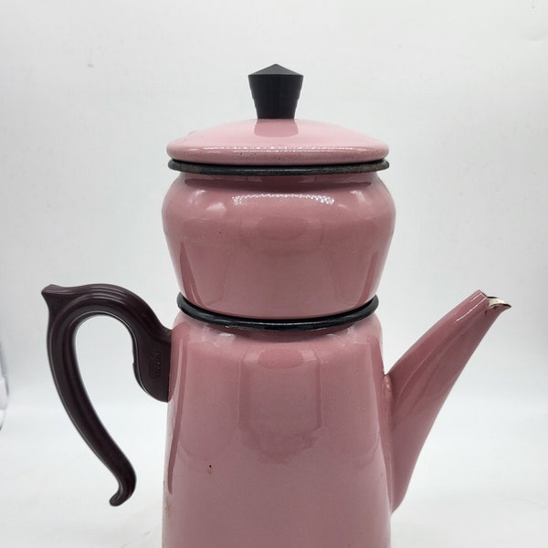 Cafetière ancienne vintage AUBECQ tole émaillée Rose violet pastel