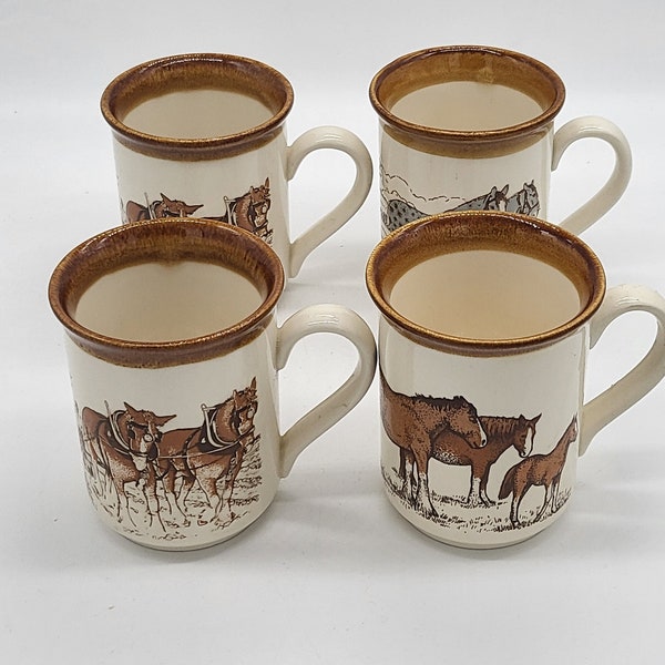 4 Mugs Staffordshire England Vintage grès gauffré décor chevaux