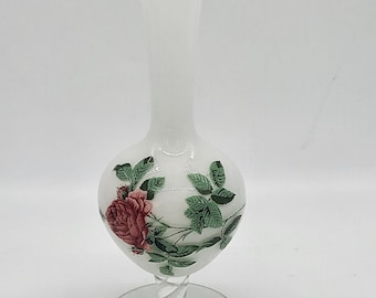 Vintage white opaline vase with pink flower decor