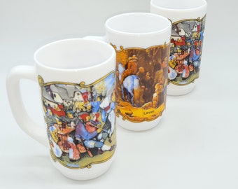 Lot of 3 beer mugs in opaline style vintage arcopal medieval scene