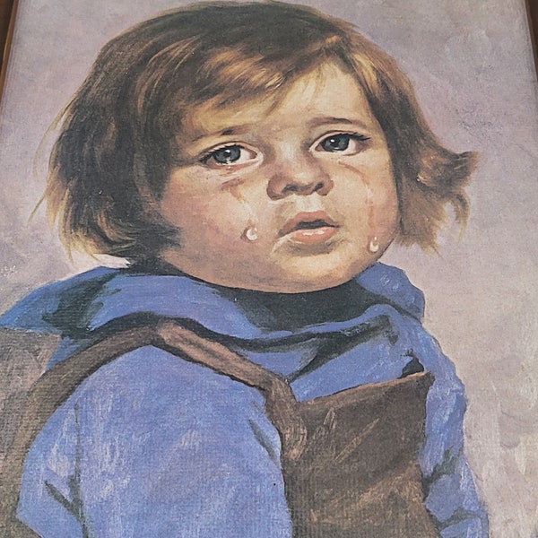 Tableau vintage  Giovanni Bragolin, Portrait de garçon pleurant 70' Kitsch Print Art, Bruno Amadio