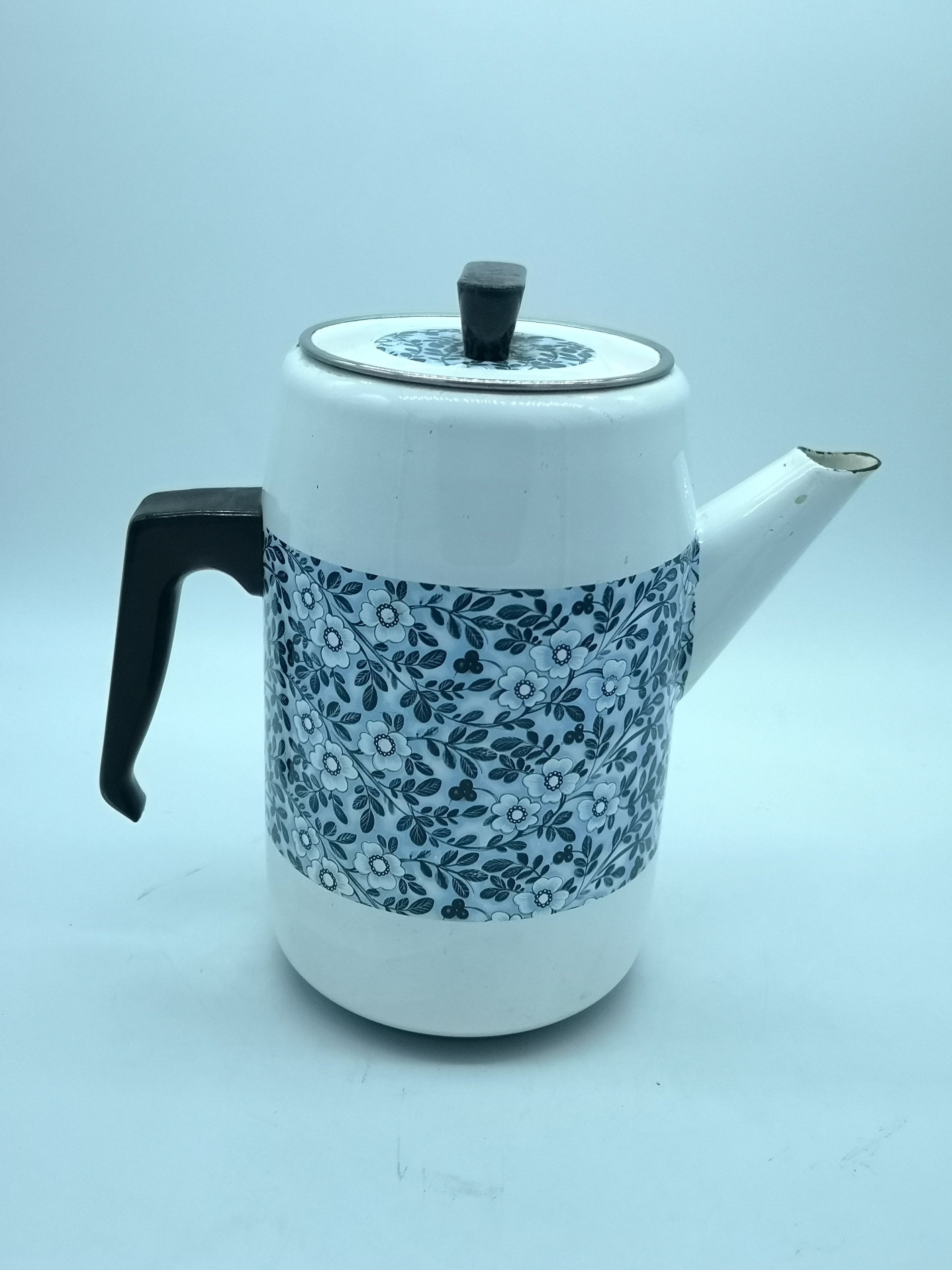 Cafetière ou Théière Vintage en Tôle Émaillée Fleurs Bleues