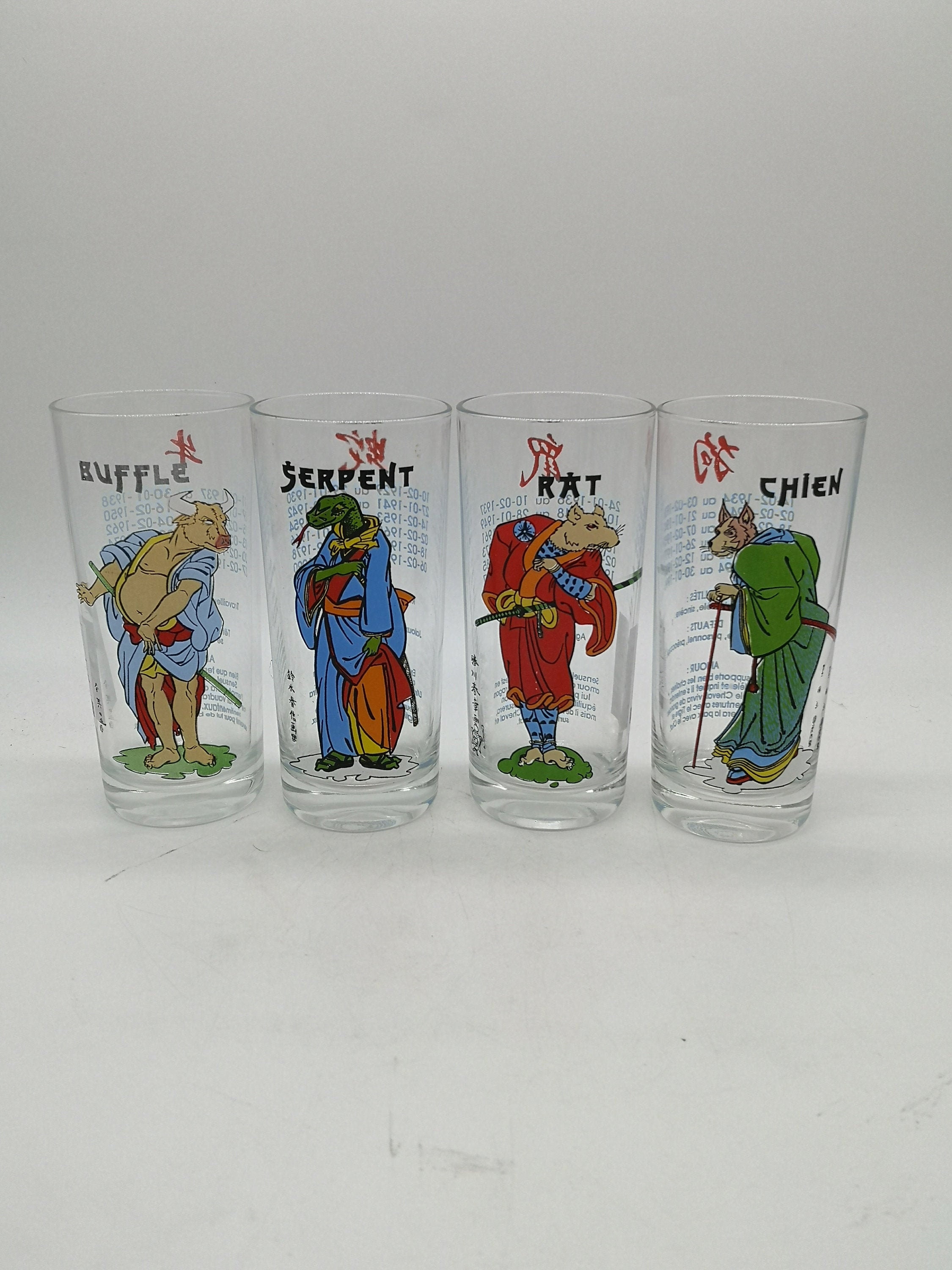 Lot 4 Verres Vintages Signe Du Zodiaque Chinois Animaux