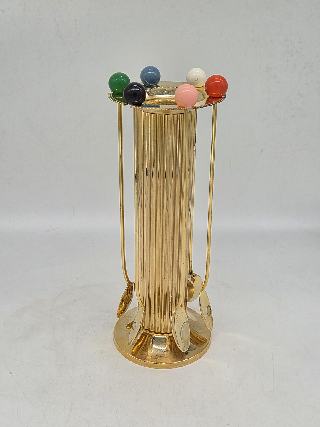 Vintage Cocktail Spoon Set with Stand – 6 Gold Appetizer Spoons with Colorful Balls – Retro Barware – Mid-Century Coffee Spoons