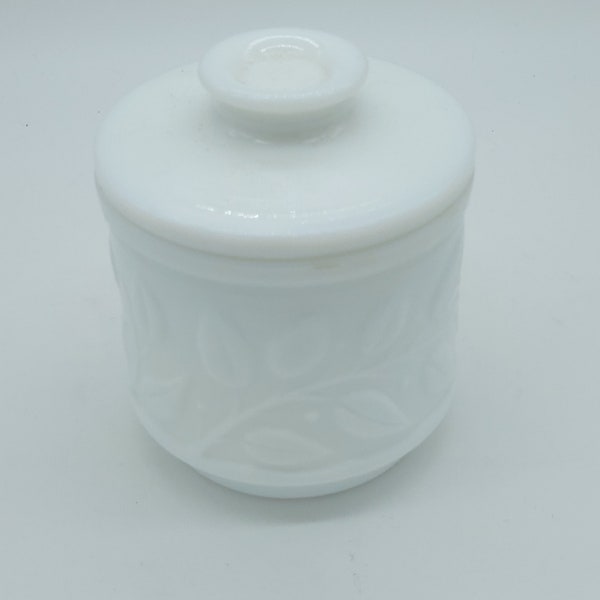 Pot ou bocal apothicaire en opaline blanche décor plante hermétique vintage
