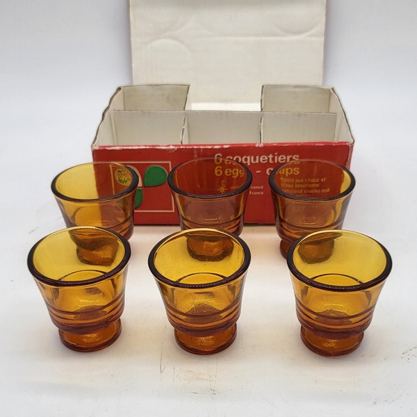 6 coquetiers vintage verre ambré dans leur boite d'origine Duralex