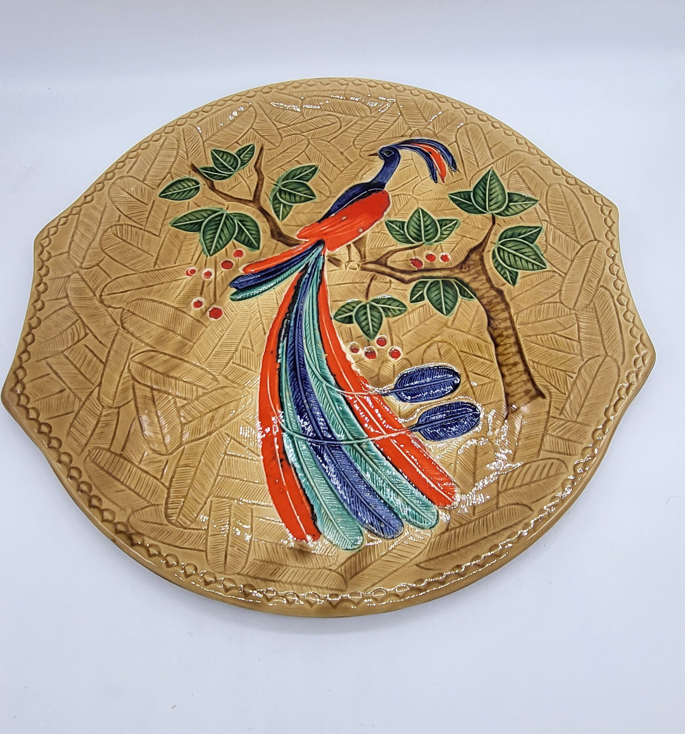 Pichet Décoratif En Faïence – Motif Paon Multicolore, Style Contemporain, Très Bon état
