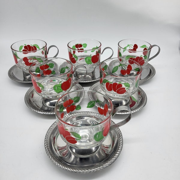 Lot de 6 petites tasses à espresso vintage style Henkel motif fruits rouges soucoupe métaliques