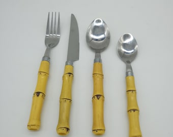Set of vintage metal and bamboo cutlery knife fork spoons